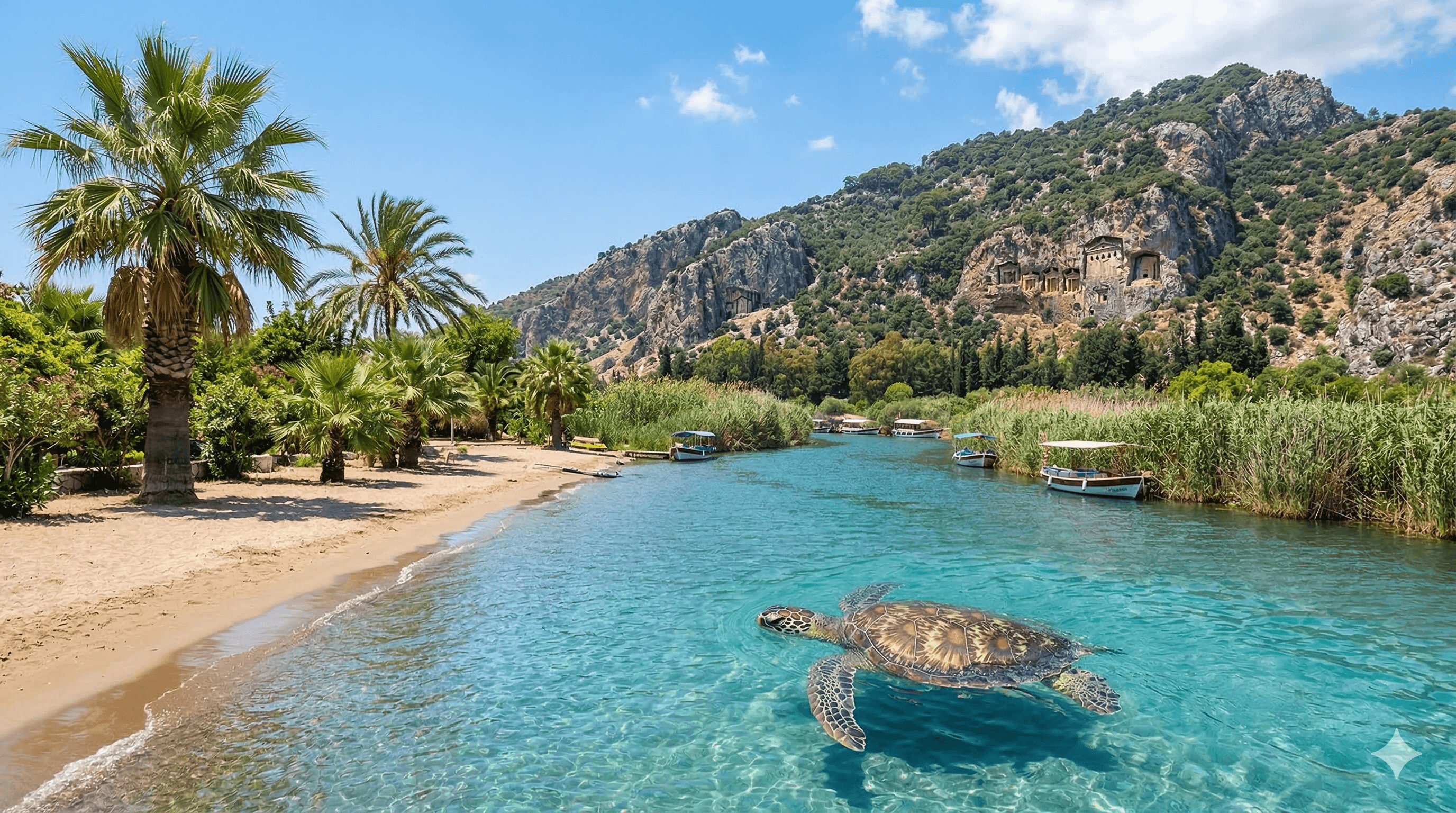 Gün batımında Dalyan Palmiye havuz ve bahçe